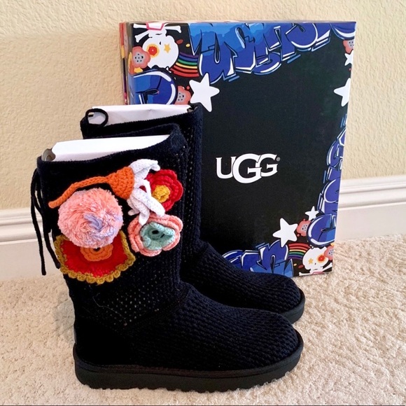 UGG Shoes - UGG Flower & Pompom Crochet Knit Classic Boots